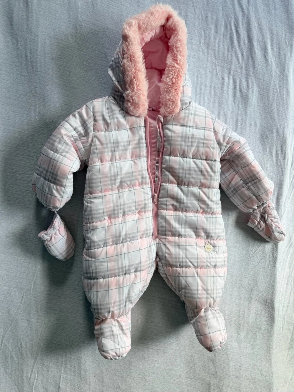 Brums Baby Girl Plaid Puffer Snowsuit with Faux Fur Hood, Size 3 Months